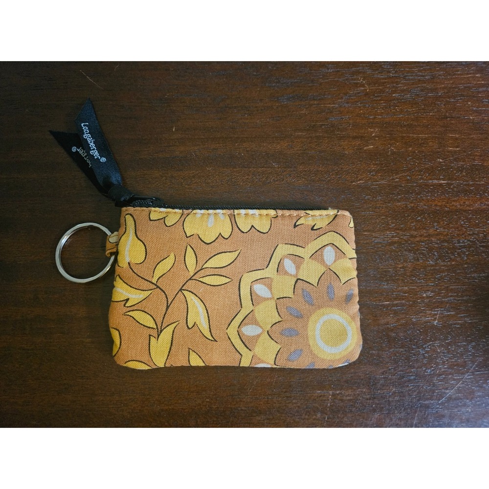 Longaberger Coin Purse Keychain Womens Yellow Golden Fields Fabric Floral NEW